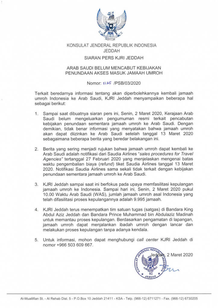 02 02032020 Press Release KJRI Jeddah (Saudi Arabia belum mencabut kebijakan stop Umrah).jpg