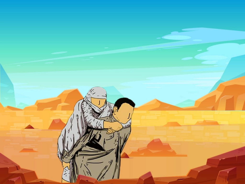 Ilustrasi Uwais Al-Qarni menggendong ibu untuk pergi haji.jpeg