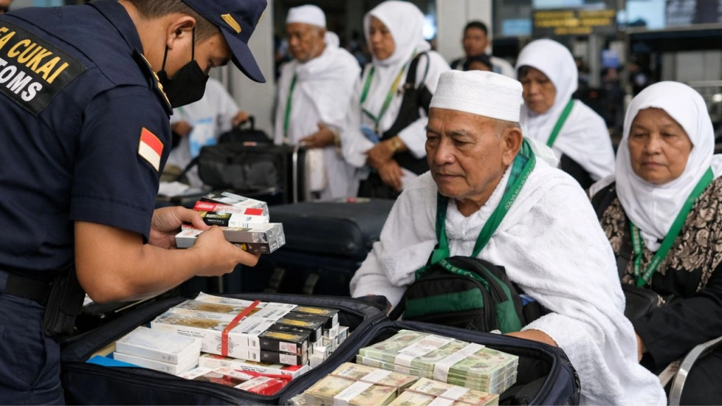 1776328765_Petugas Bea Cukai melakukan pemeriksaan barang bawaan jemaah haji di bandara kedatangan Indonesia. Jemaah diingatkan membawa rokok maksimal 200 batang dan melaporkan uang tunai di